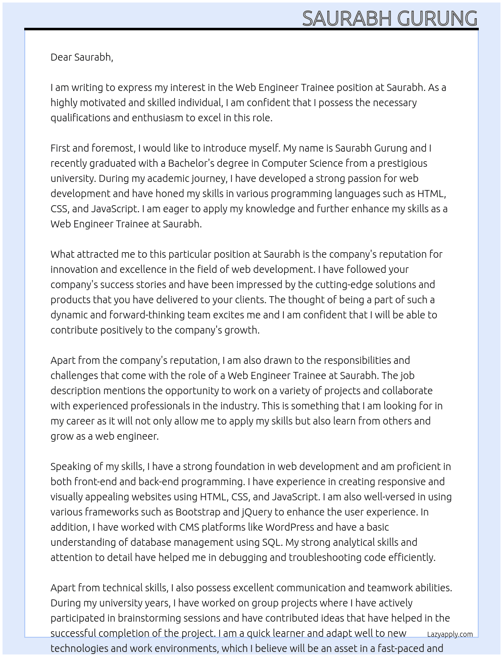 Web Engineer Trainee At Saurabh  Cover Letter