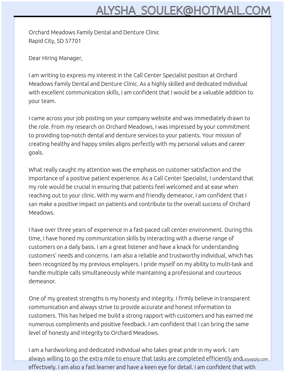 Call Center Specialist At Orchard Meadows Family Dental and Denture Clinic Cover Letter