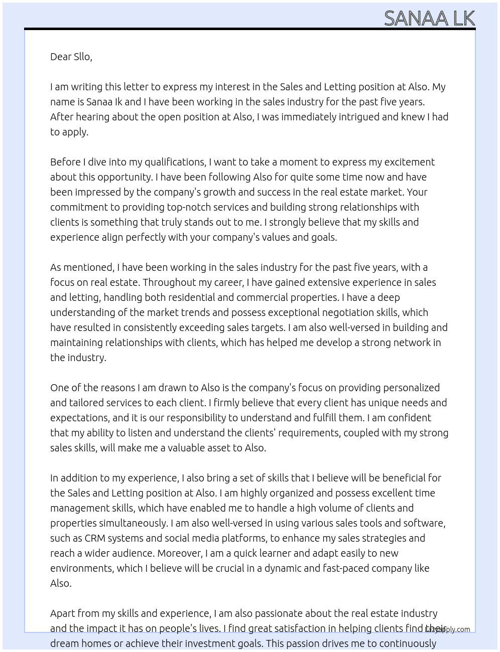 Sales and letting  At Also  Cover Letter