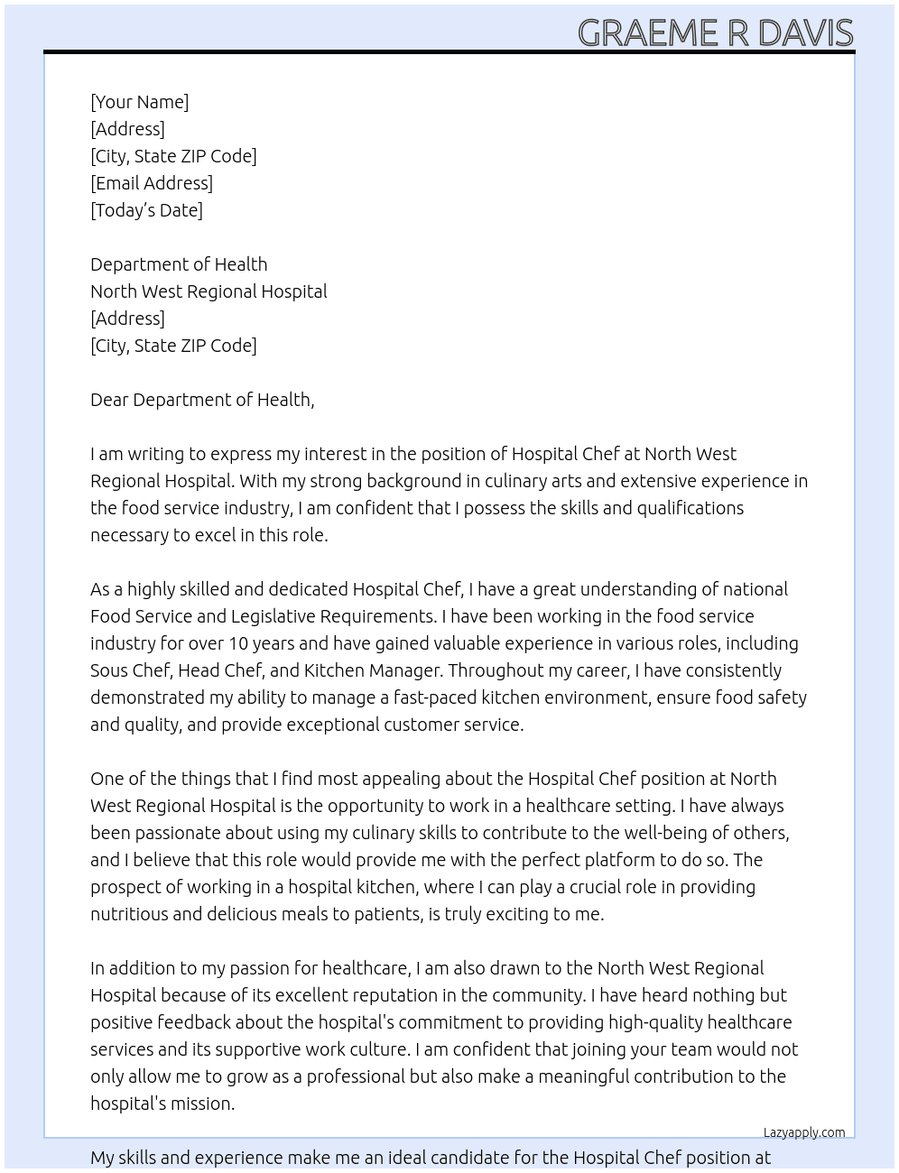 Hospital chef At North West Regional Hospital Cover Letter
