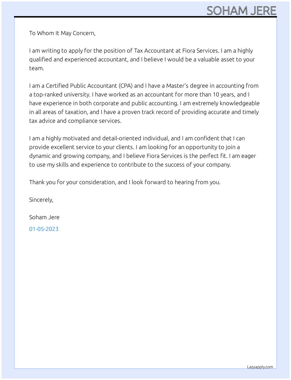 Tax accountant  At Fiora services Cover Letter