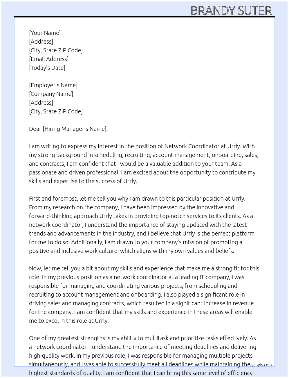 Provide Network Coordinator At Urrly Cover Letter