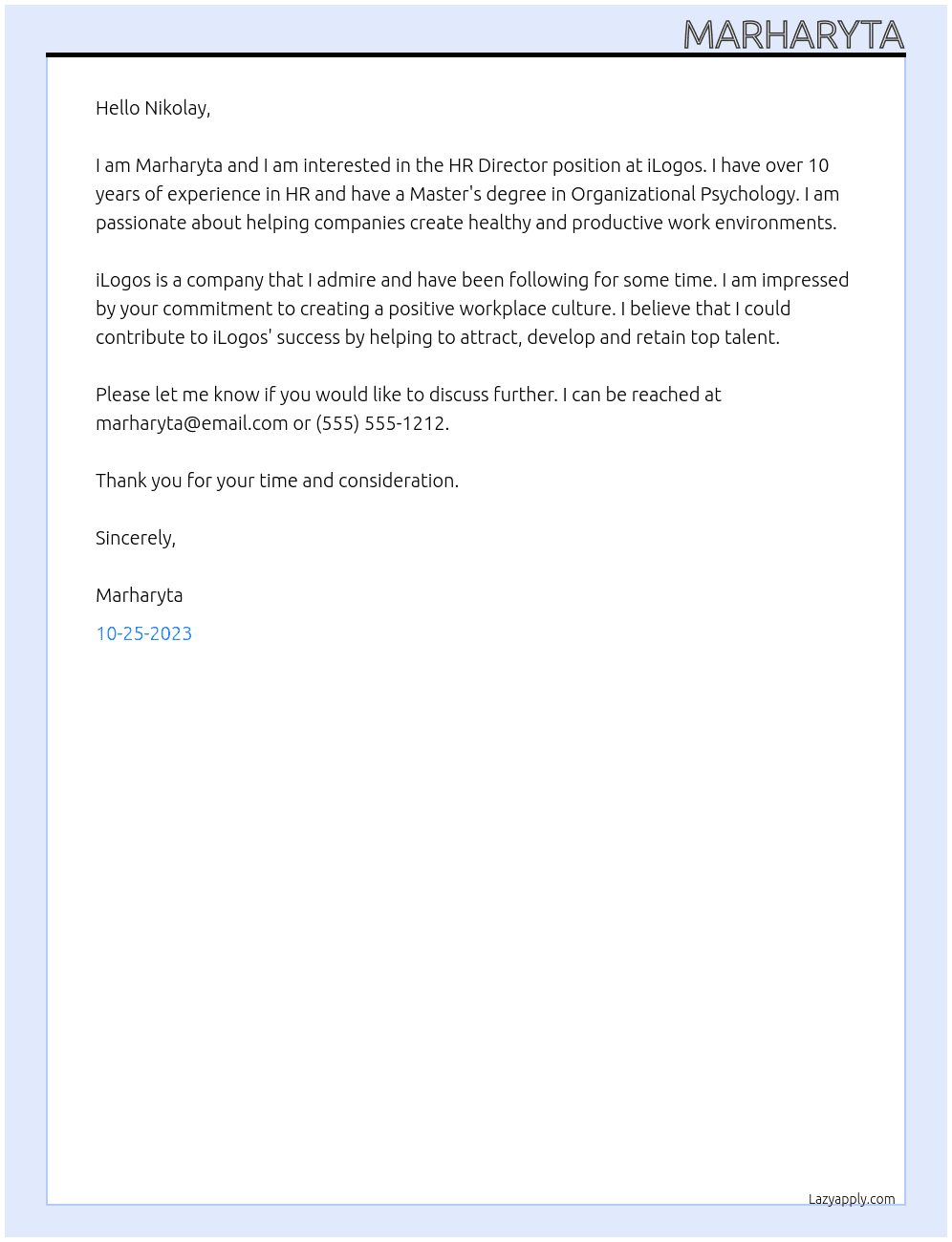 HR Director At iLogos Cover Letter