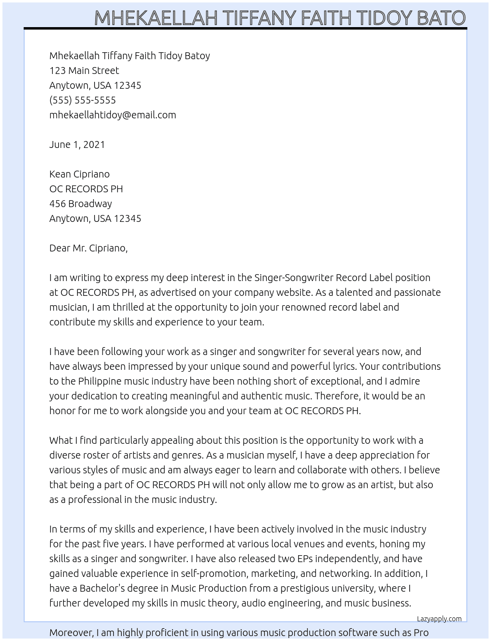 singer songwriter record label At OC RECORDS PH Cover Letter