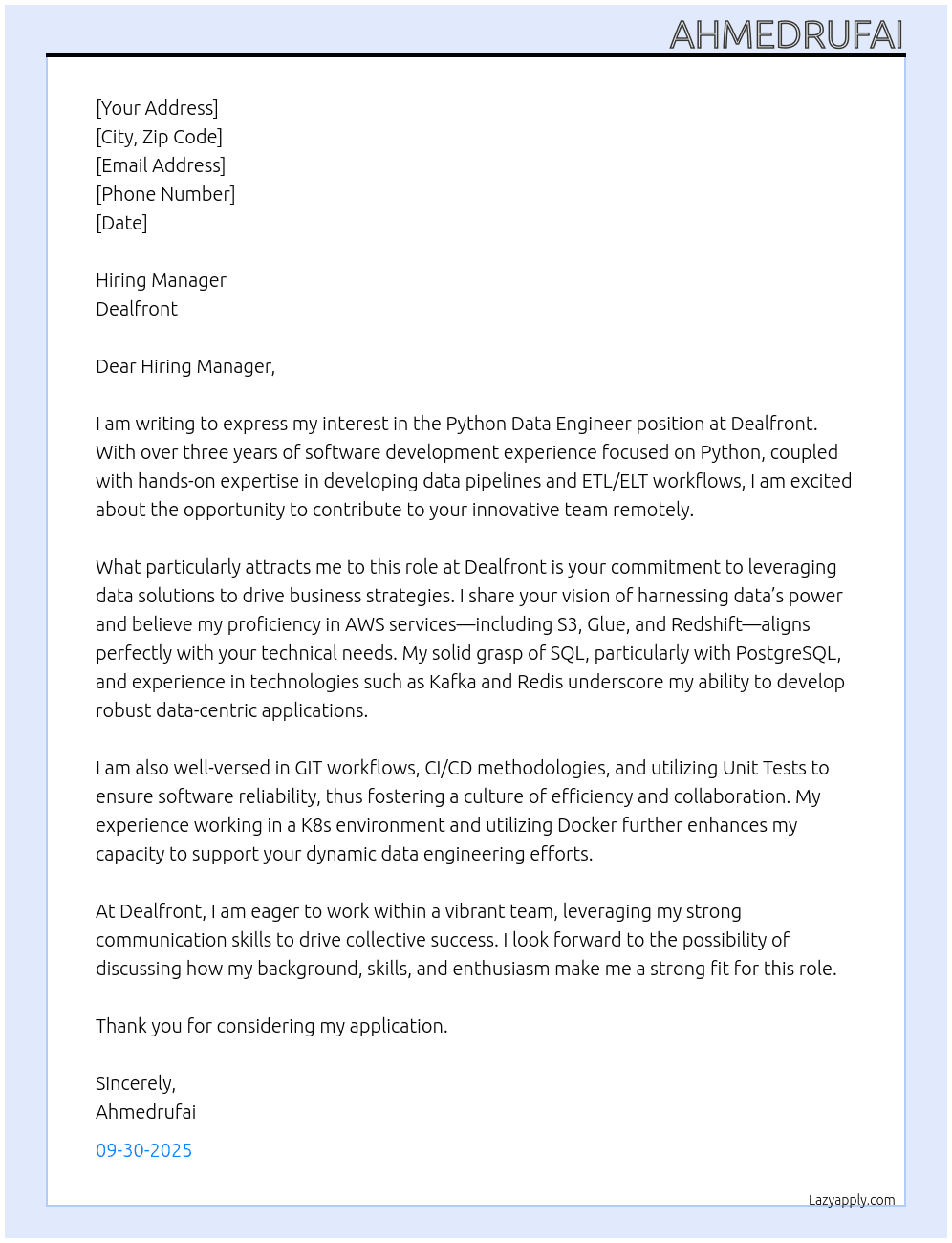 Cover letter for python data engineer - LazyApply