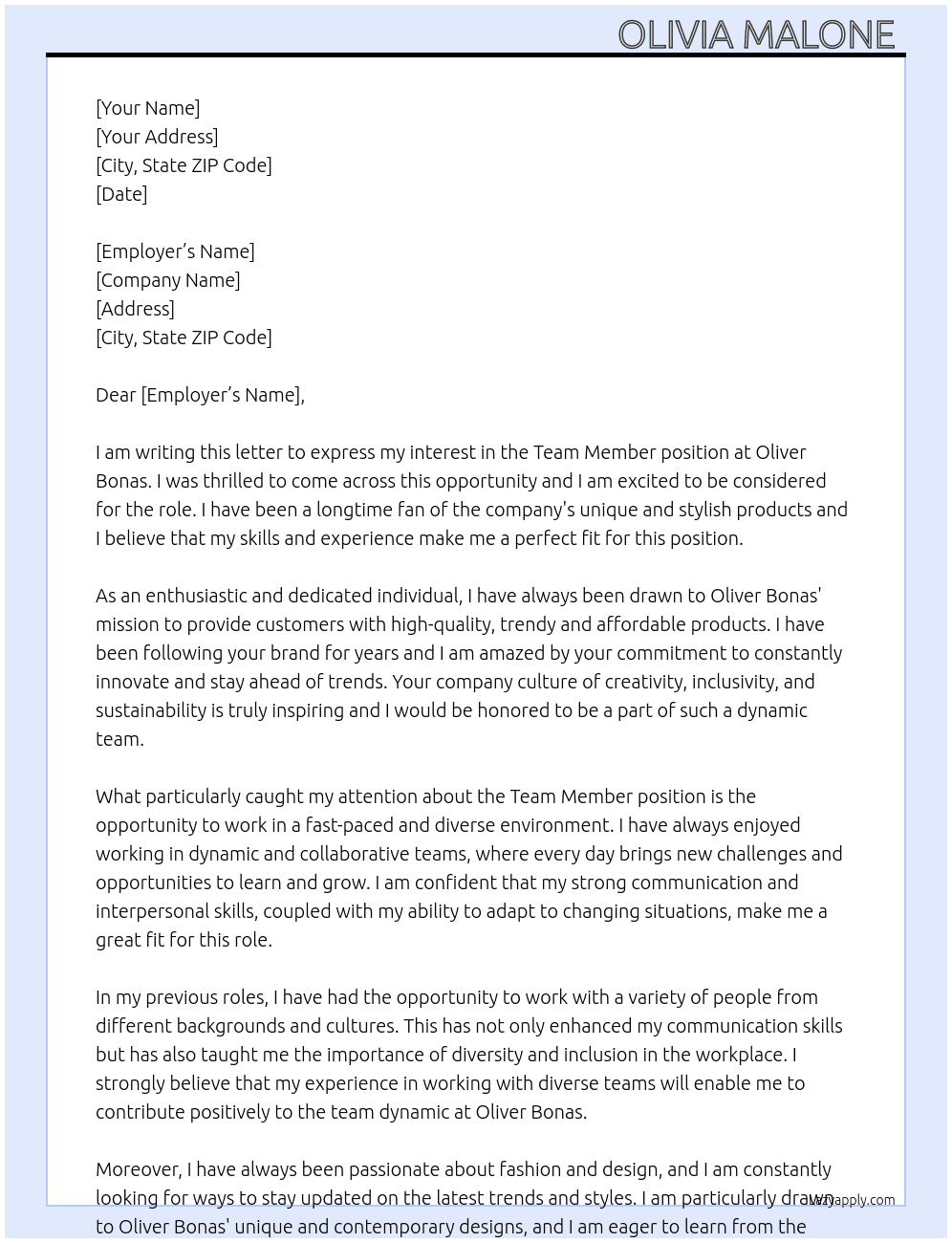 Team Member  At Oliver Bonas  Cover Letter