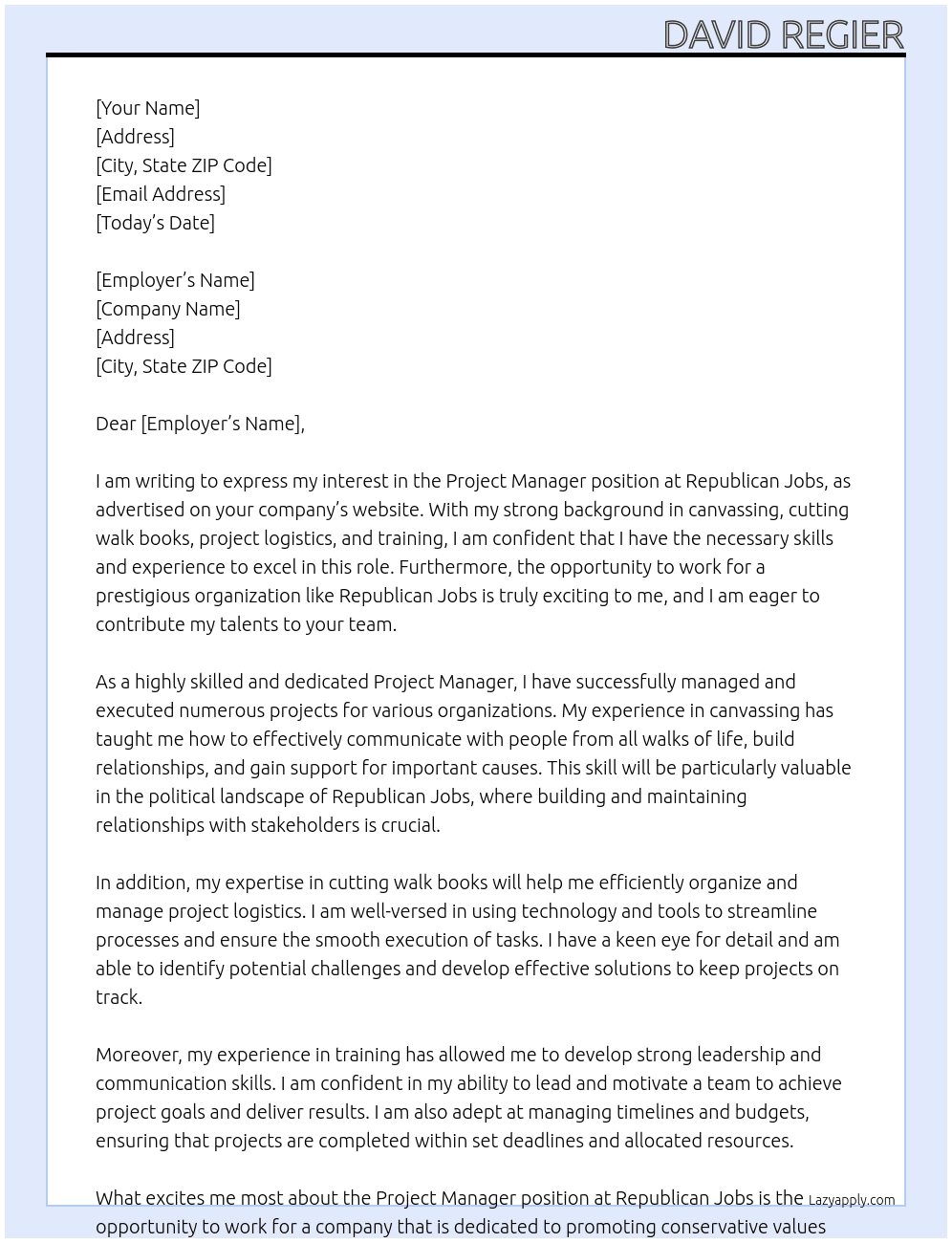 Project Manager At Republican Jobs Cover Letter