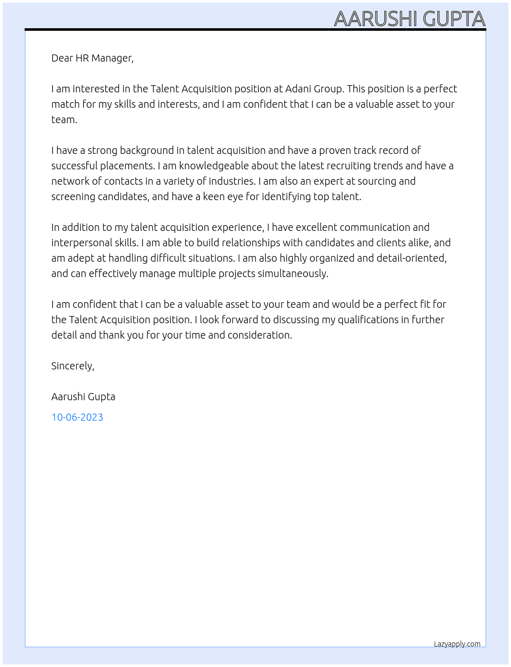 Talent Acquisition At Adani Group Cover Letter