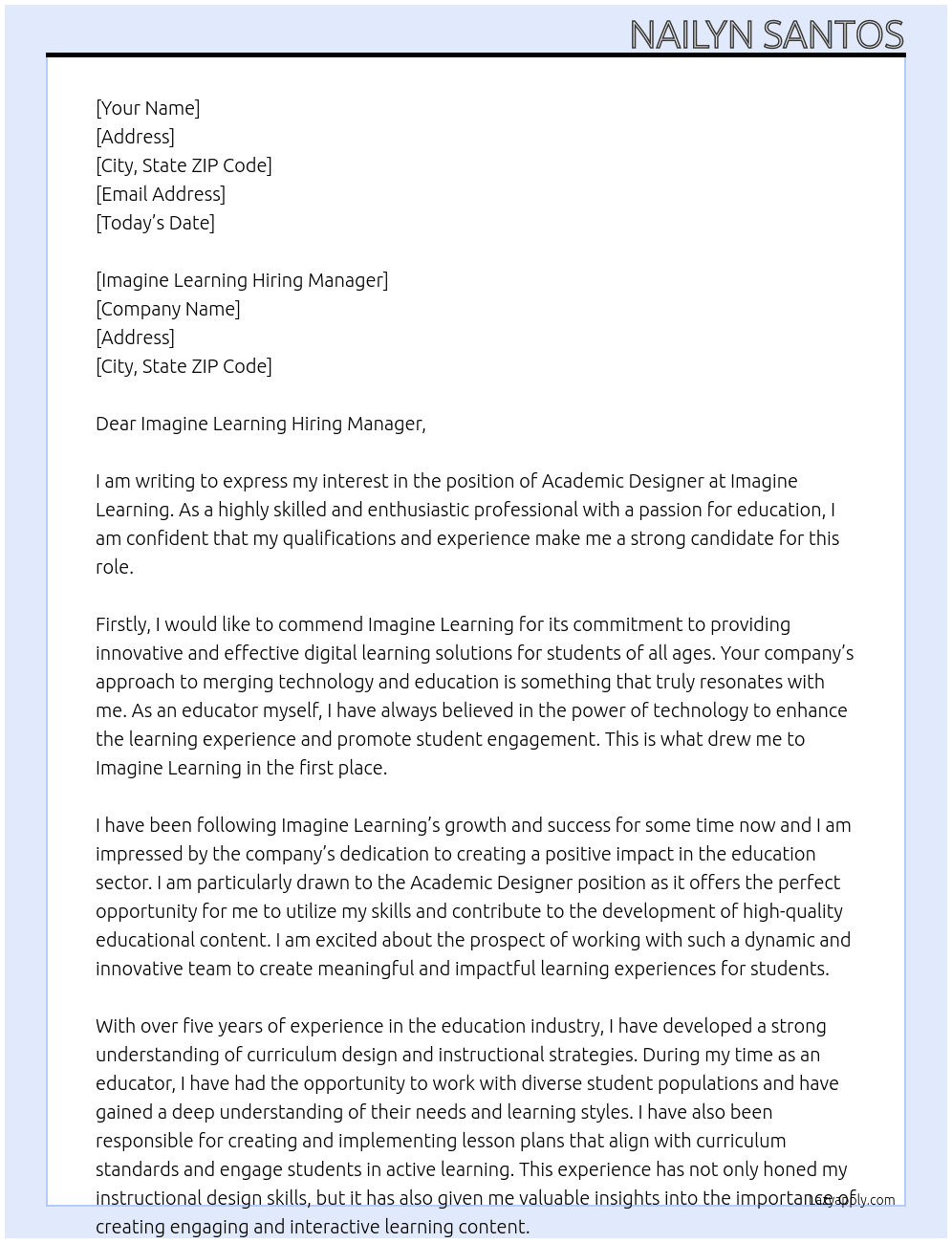 Academic Designer At Imagine Learning Cover Letter