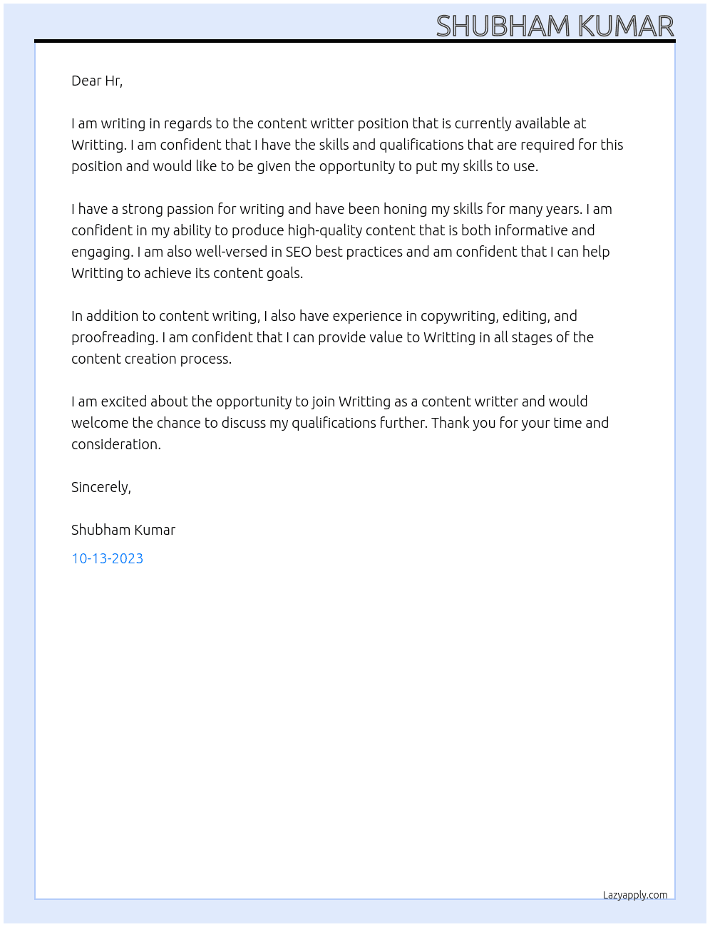 Content writter  At Writting  Cover Letter