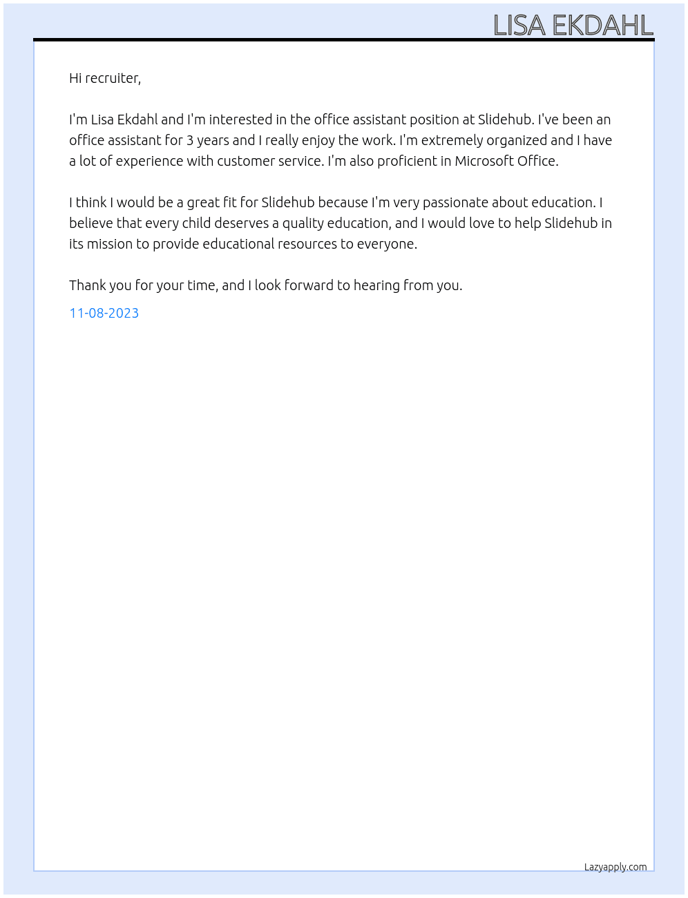 Office assistant At Slidehub Cover Letter