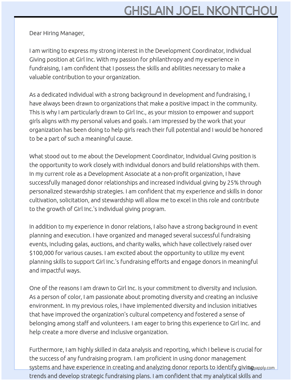 Development Coordinator, Individual Giving At Girl Inc. Cover Letter