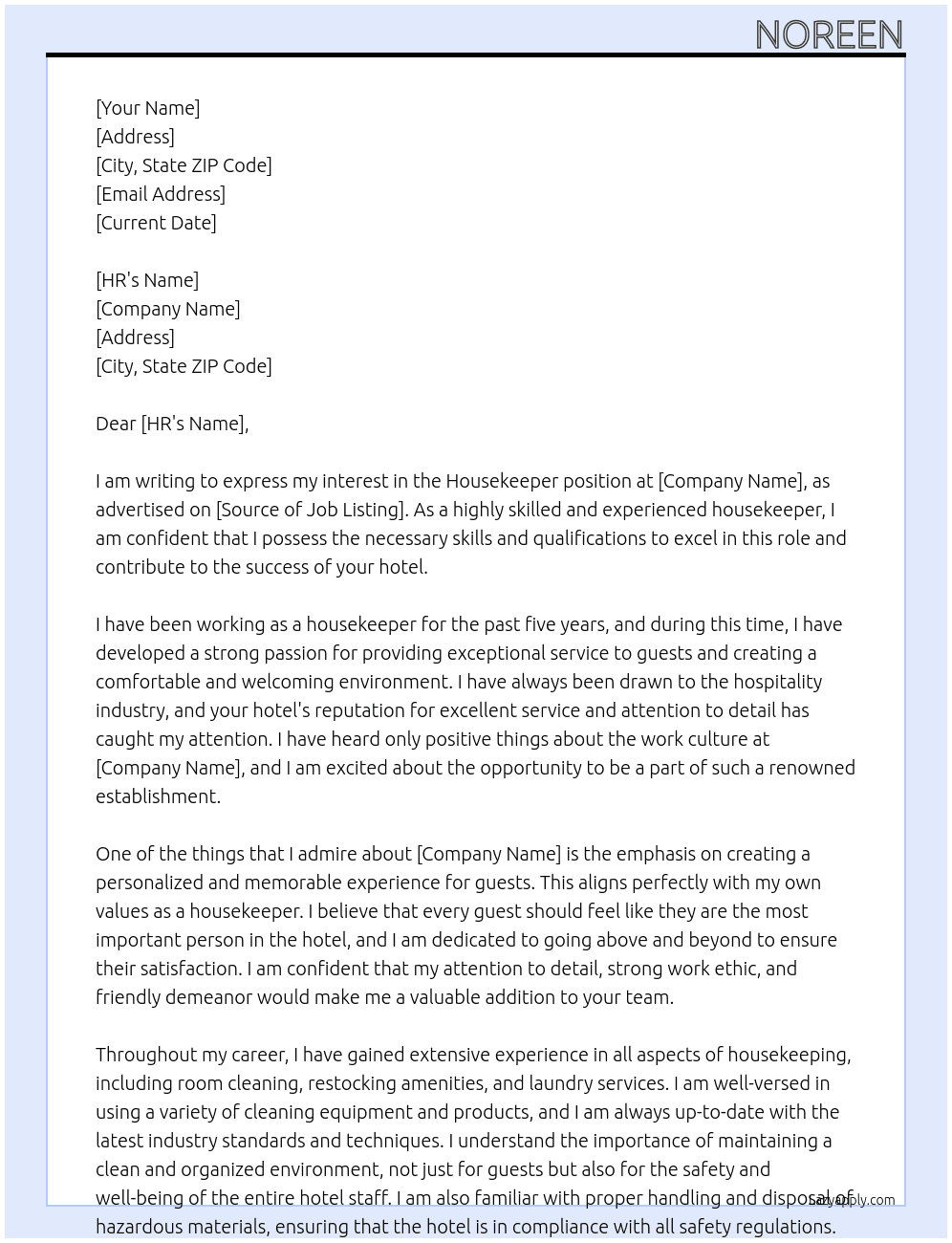 housekeeper At hotel Cover Letter