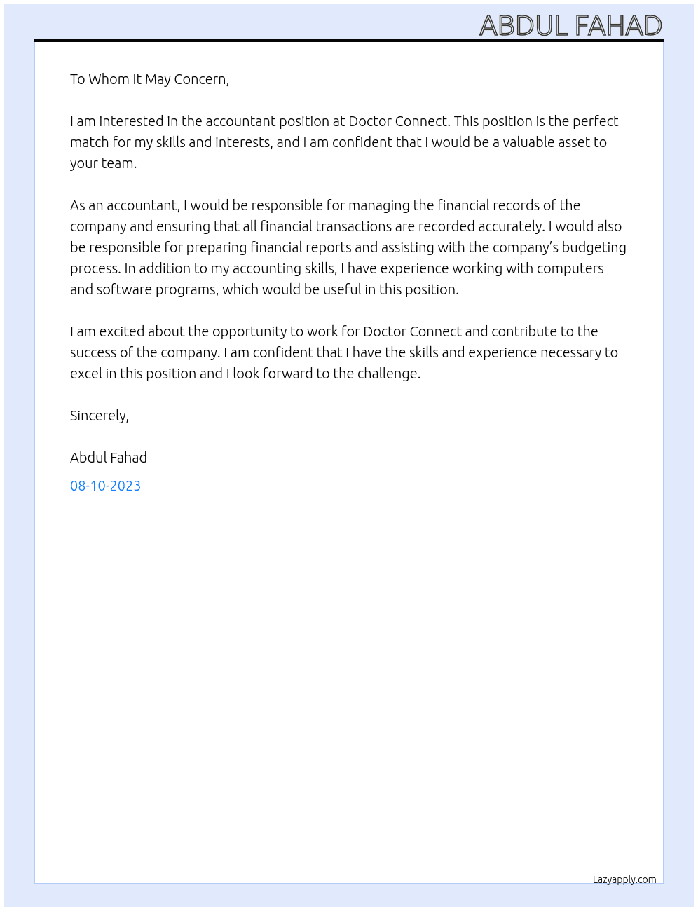 Accountant At Doctor Connect Cover Letter