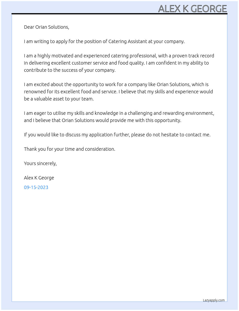 Catering Assistant At Orian Solutions Cover Letter