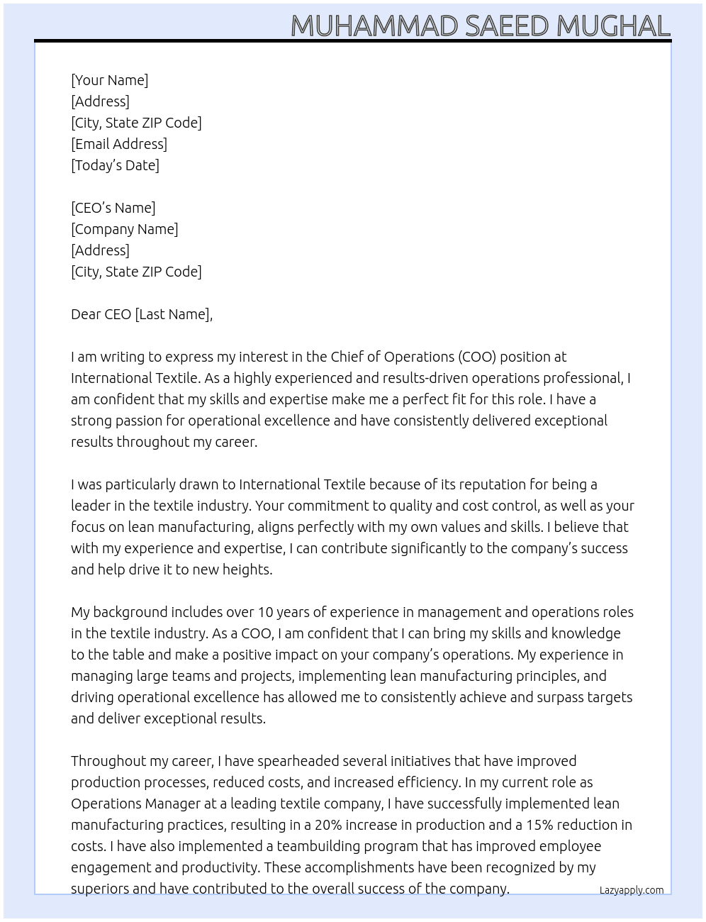 Chief of Operations (COO) At International Textile Cover Letter