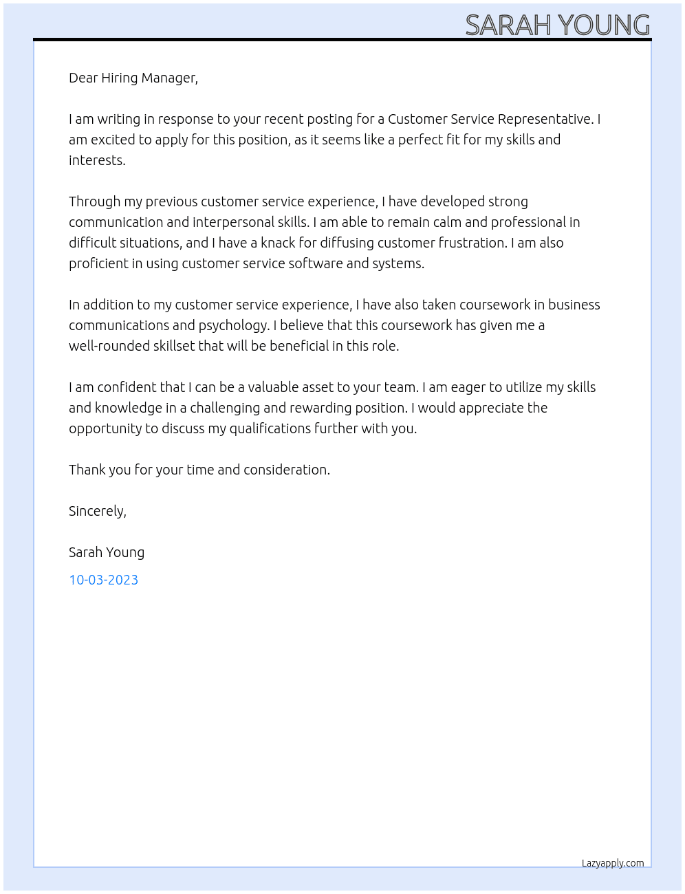 Customer service At Swooped Cover Letter