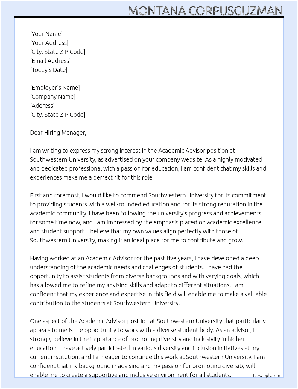 Academic Advisor At Southwestern University  Cover Letter
