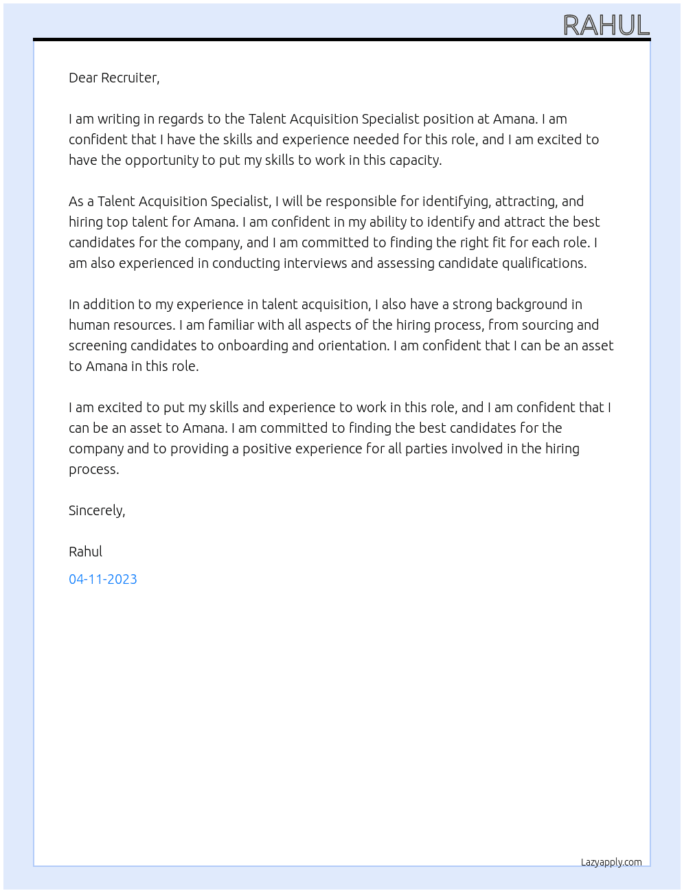 Talent Acquisition Specialist  At Amana Cover Letter