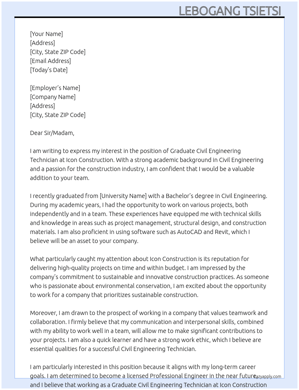 Graduate Civil Engineering Technician  At Icon Construction  Cover Letter