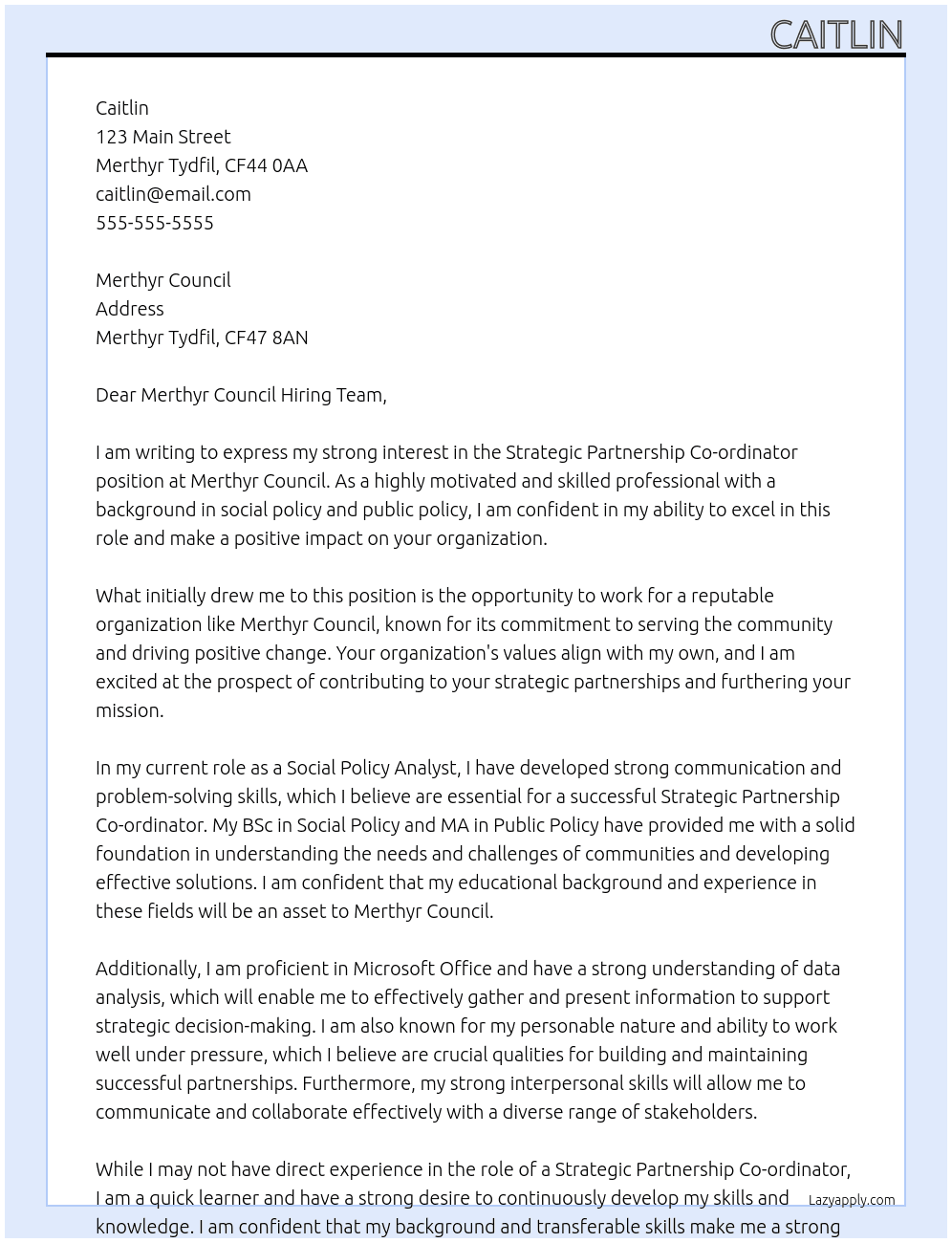 Strategic Partnership Co-ordinato At merthyr council Cover Letter