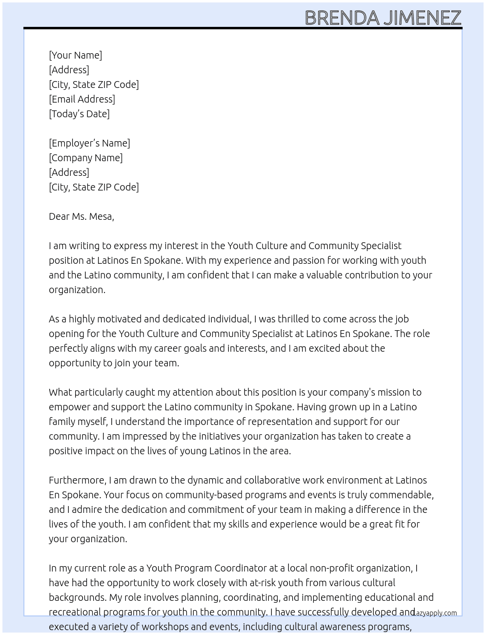 Youth Culture and Community Specialist At Latinos En Spokane Cover Letter