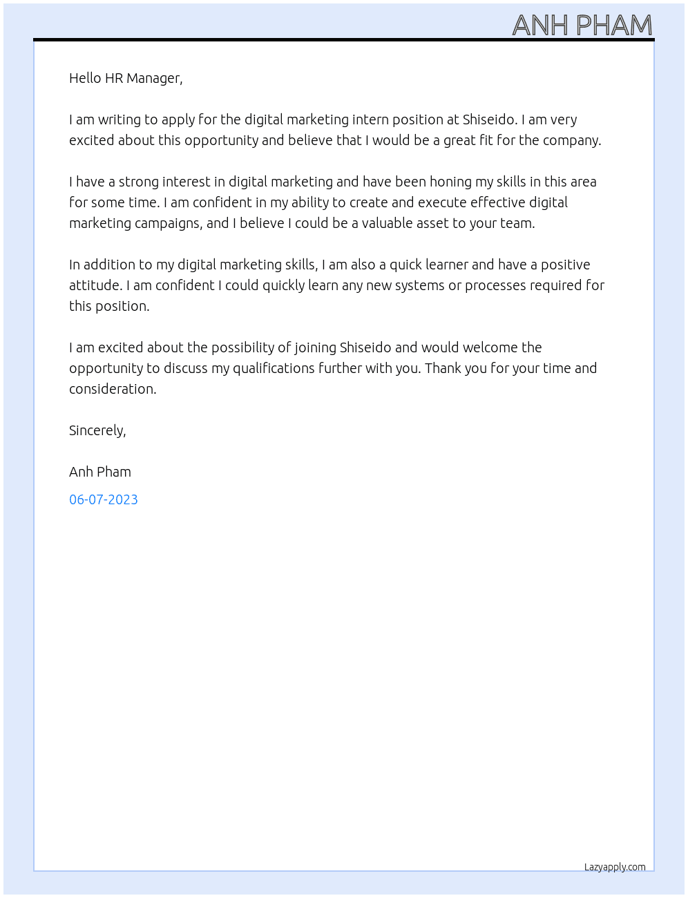 digital marketing intern At Shiseido Cover Letter