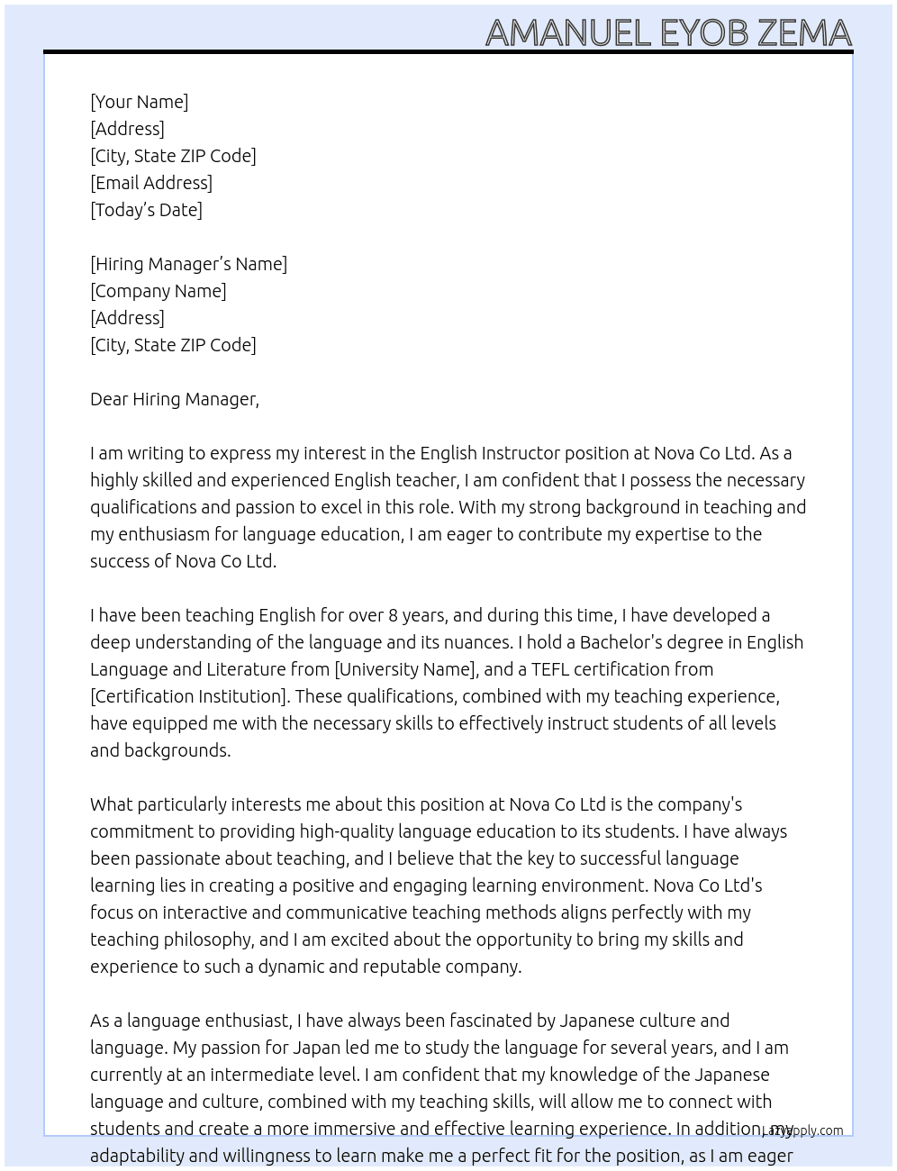 English Instructor At Nova Co Ltd Cover Letter