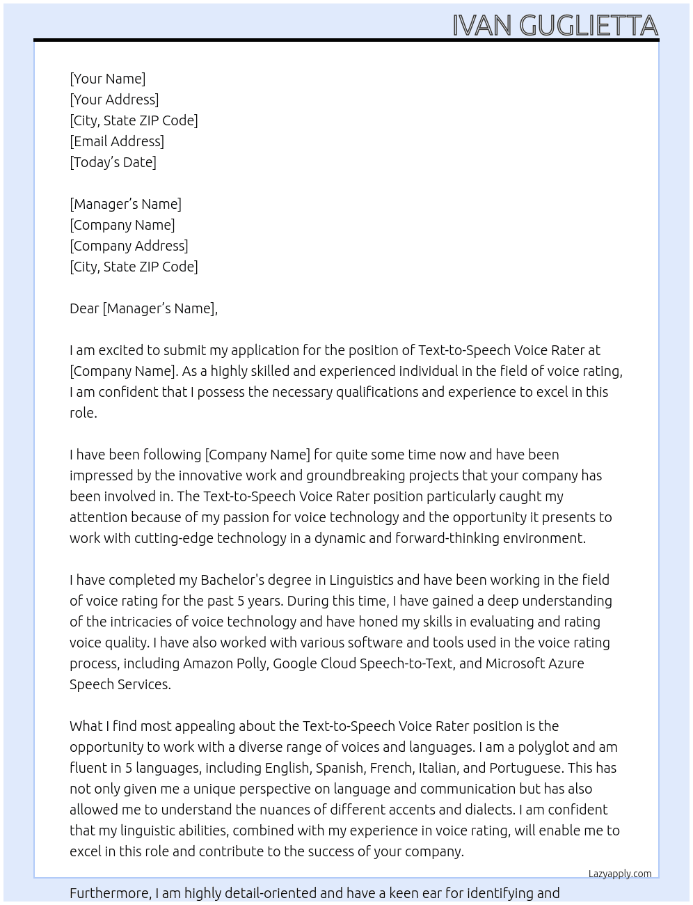 Text-to-Speech Voice Rater At TO YOUR COMPANY Cover Letter
