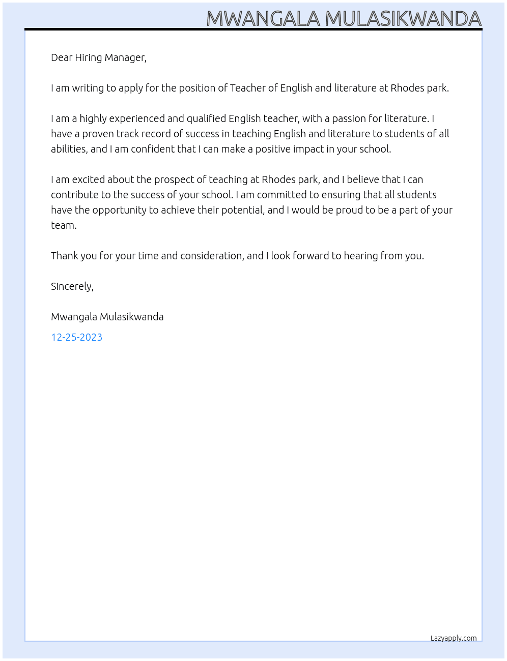 Teacher of English and literature  At Rhodes park Cover Letter