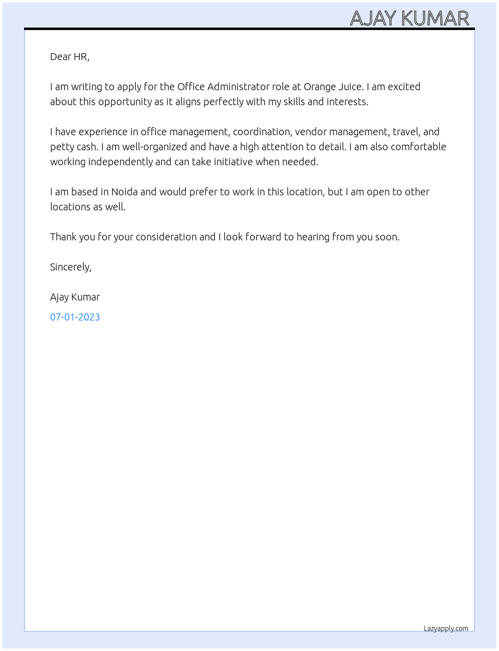 Office Administrator  At Orange Juice  Cover Letter