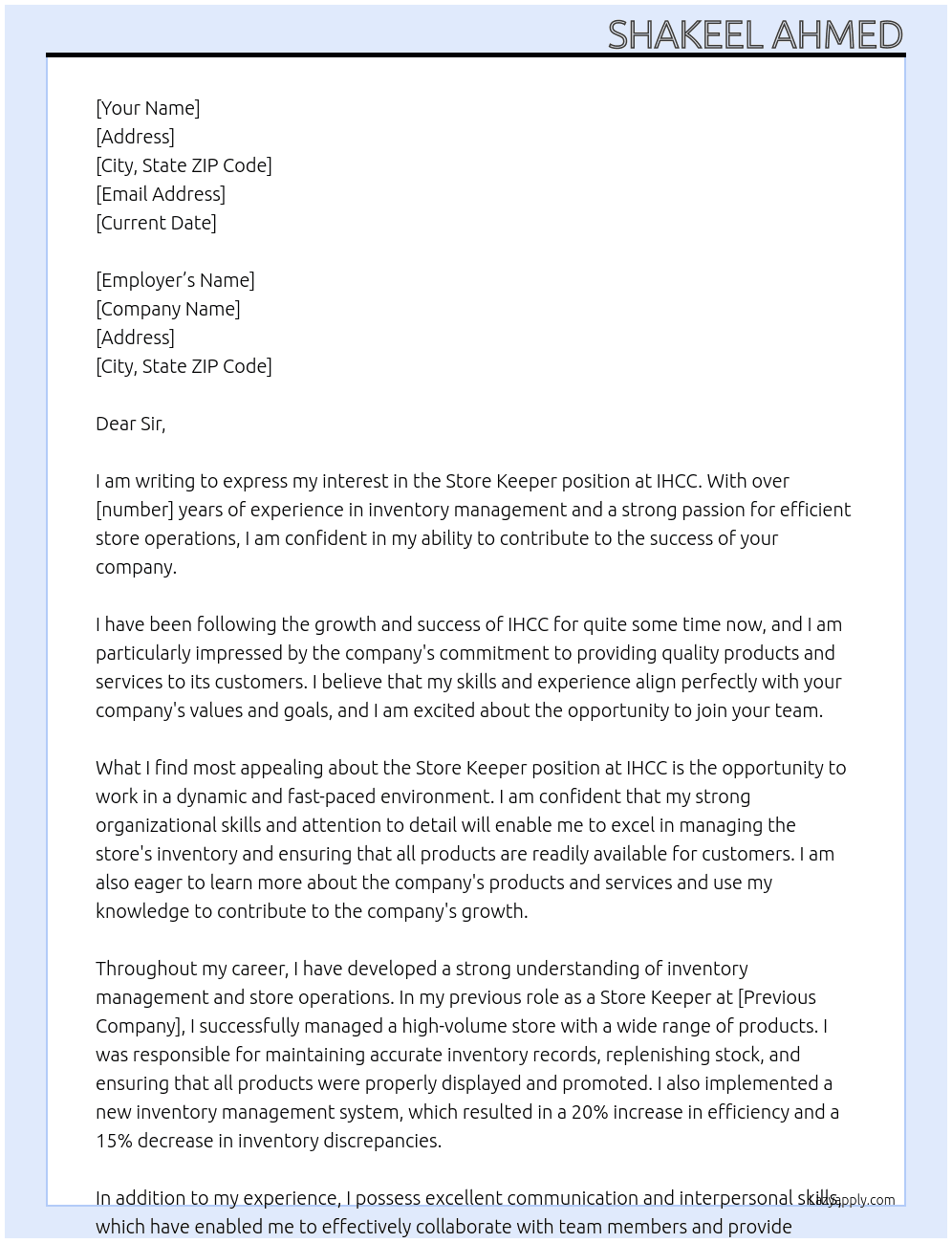 Store keeper At IHCC Cover Letter