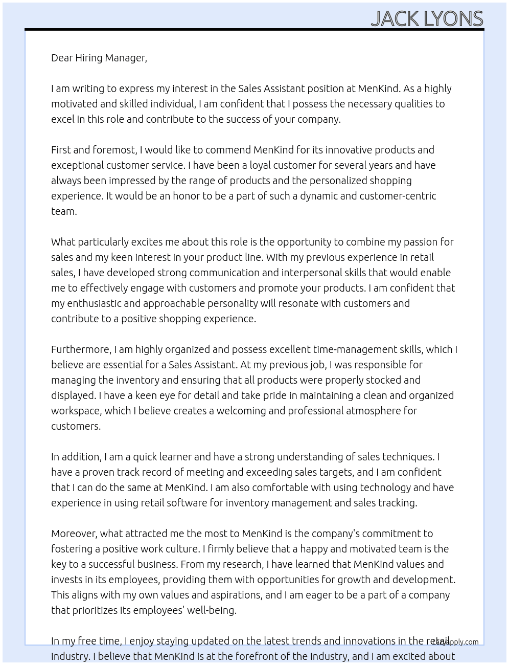 Sales assistant  At MenKind  Cover Letter