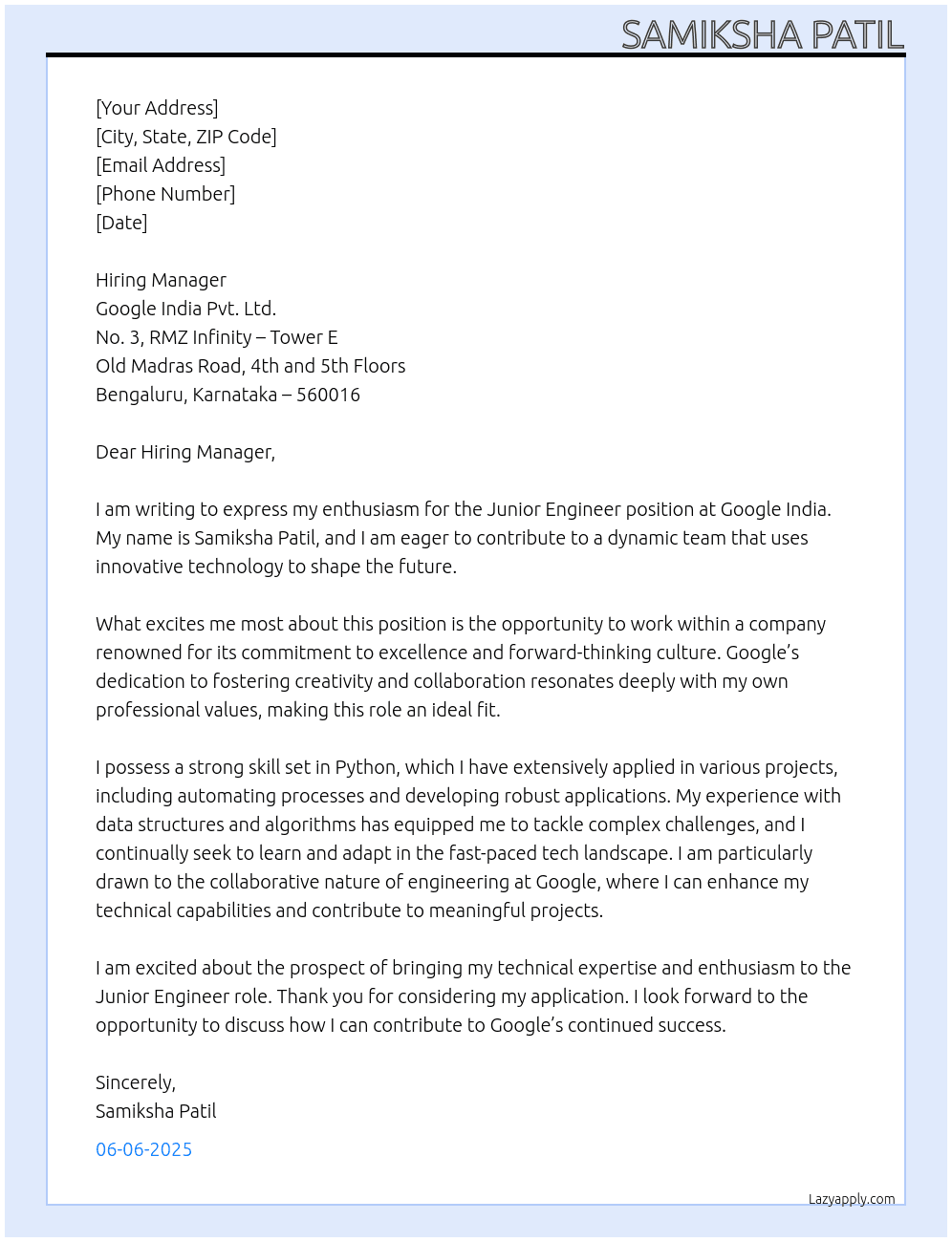 Junior engineer At Google Cover Letter