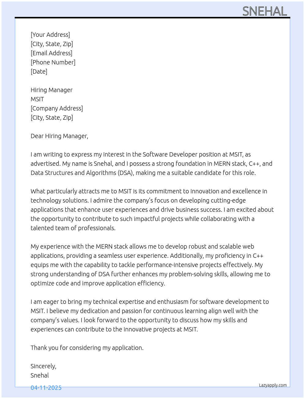 software developer  At MSIT Cover Letter