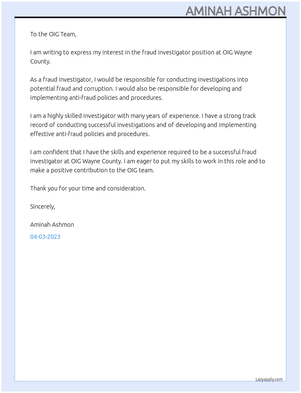 Fraud Investigator At OIG Wayne County Cover Letter