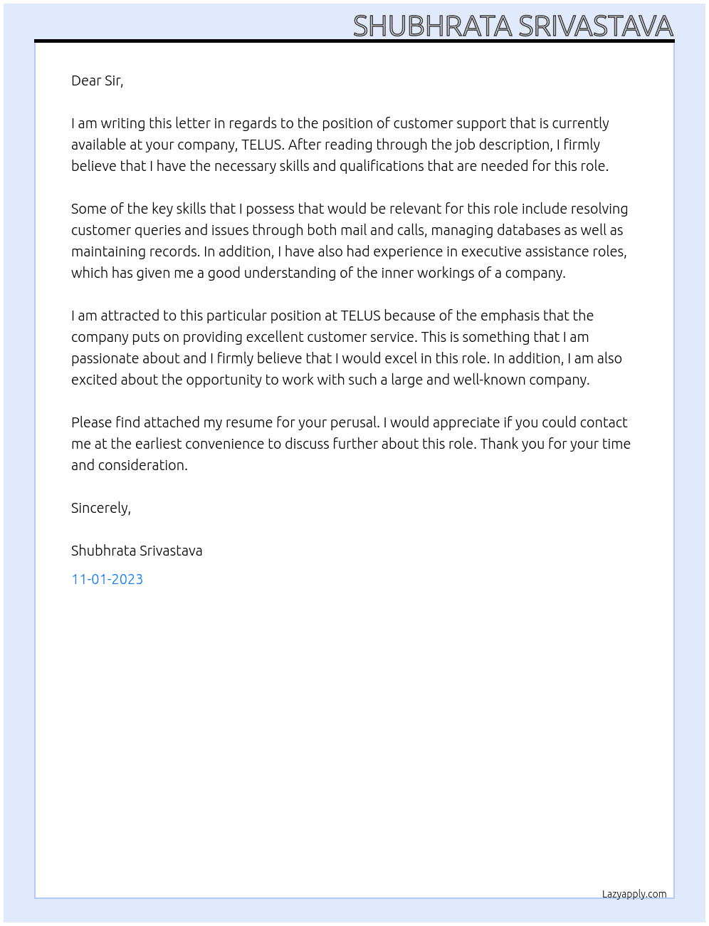 customer support At telus Cover Letter