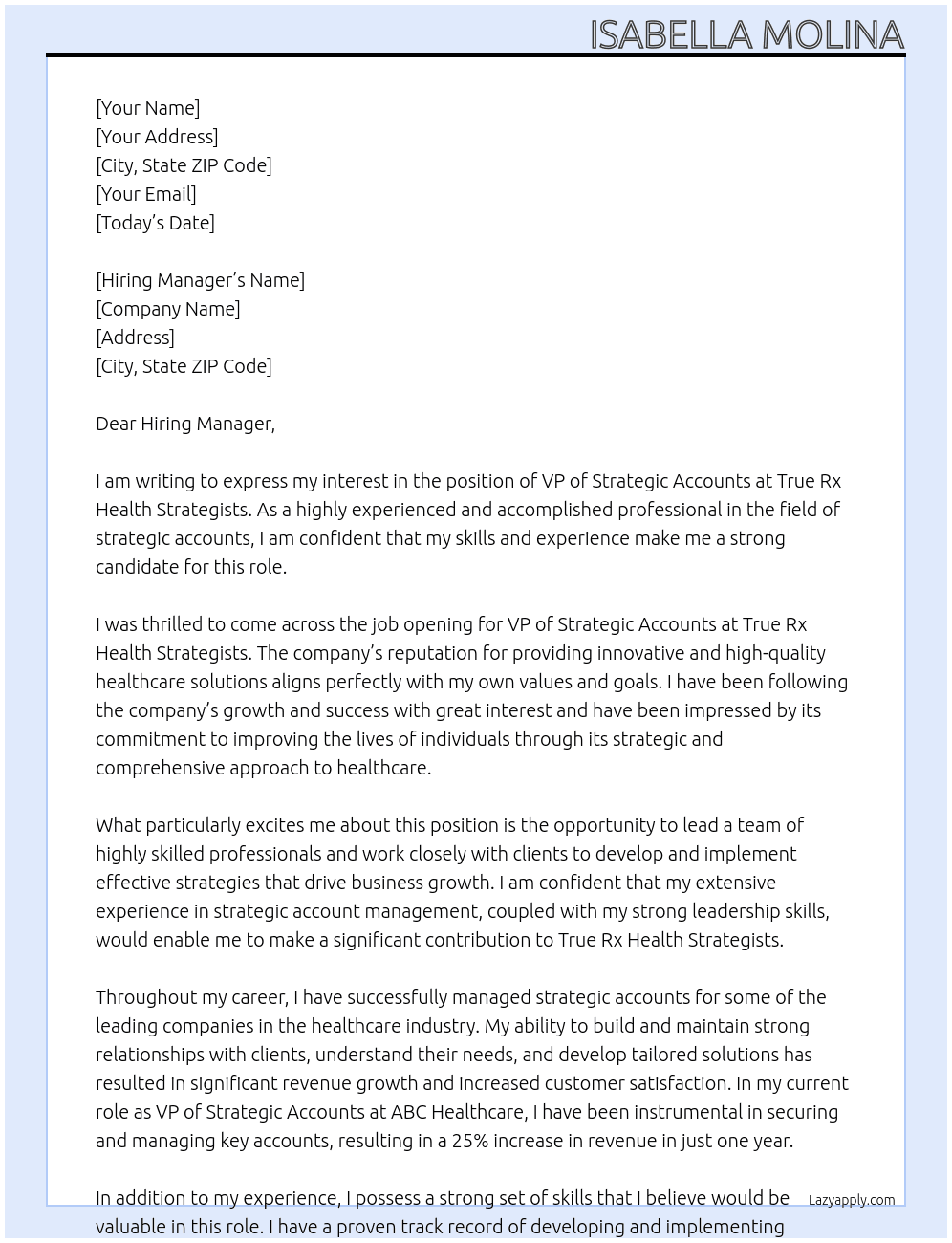 VP of Strategic Accounts At True Rx Health Strategists Cover Letter