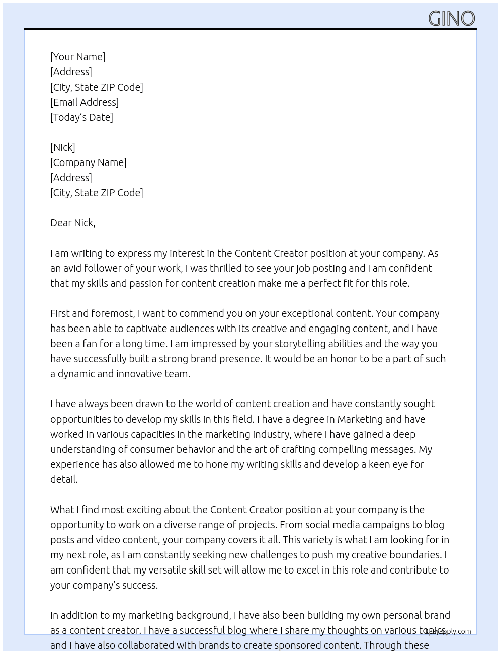 content creator At own business Cover Letter