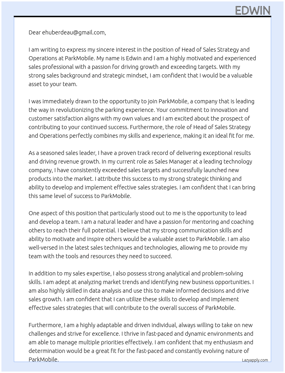 head of sales strategy and Operations At ParkMobile Cover Letter