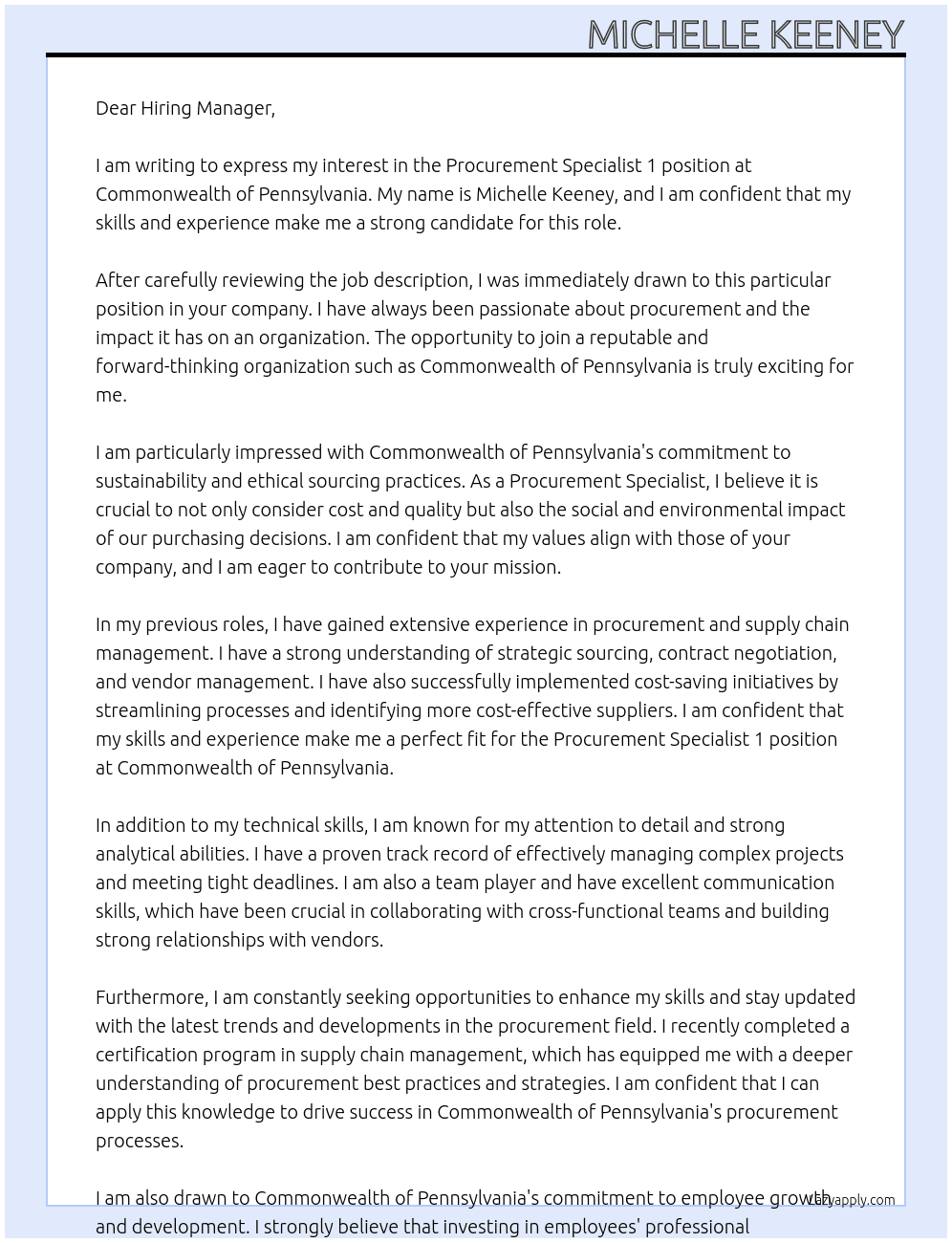 Procurement Specialist 1 At Commonwealth of Pennsylvania Cover Letter
