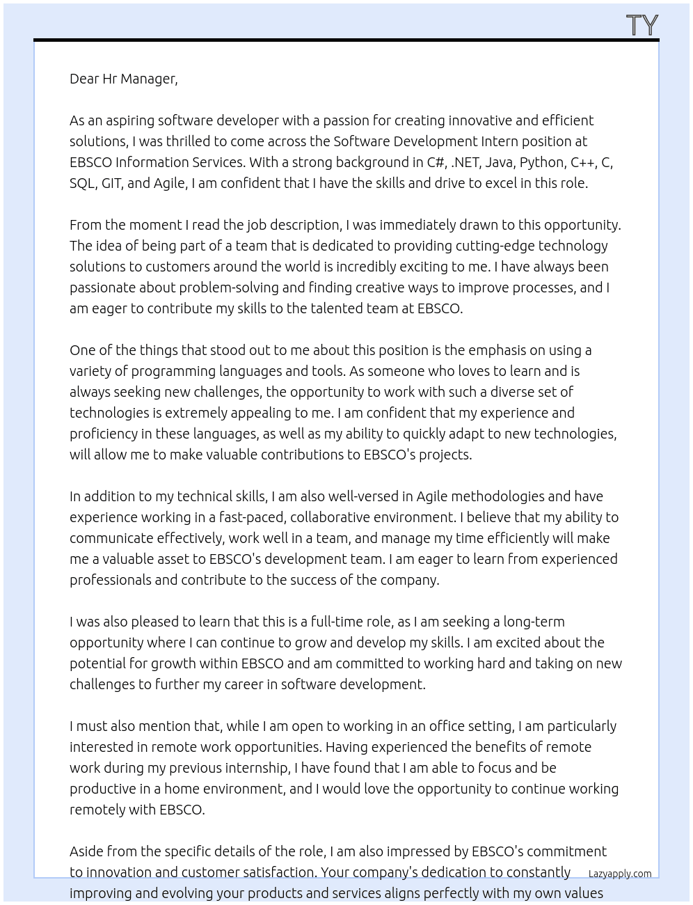 Software Development Intern  At EBSCO Information Services Cover Letter