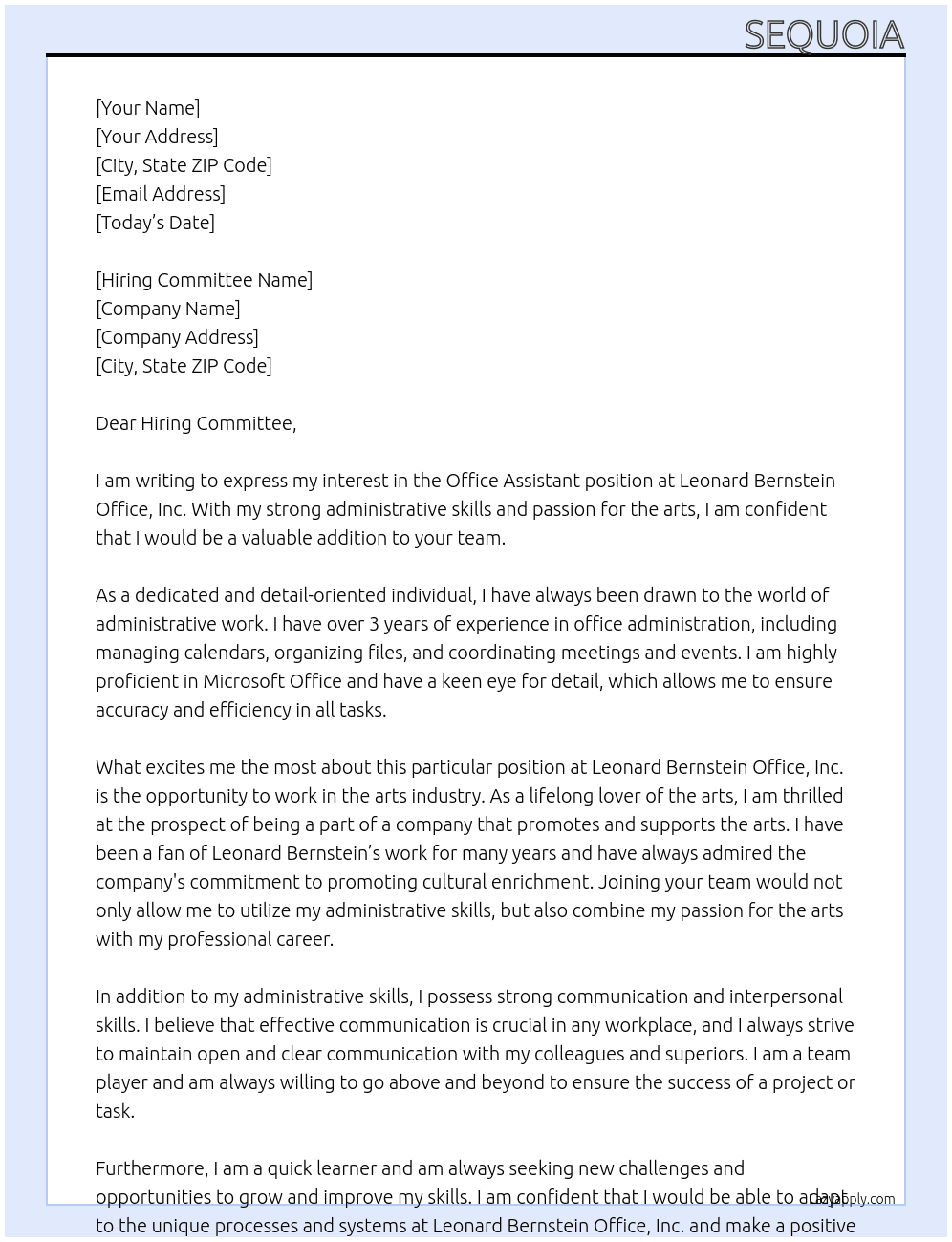 office assistant At Leonard Bernstein Office, Inc. Cover Letter