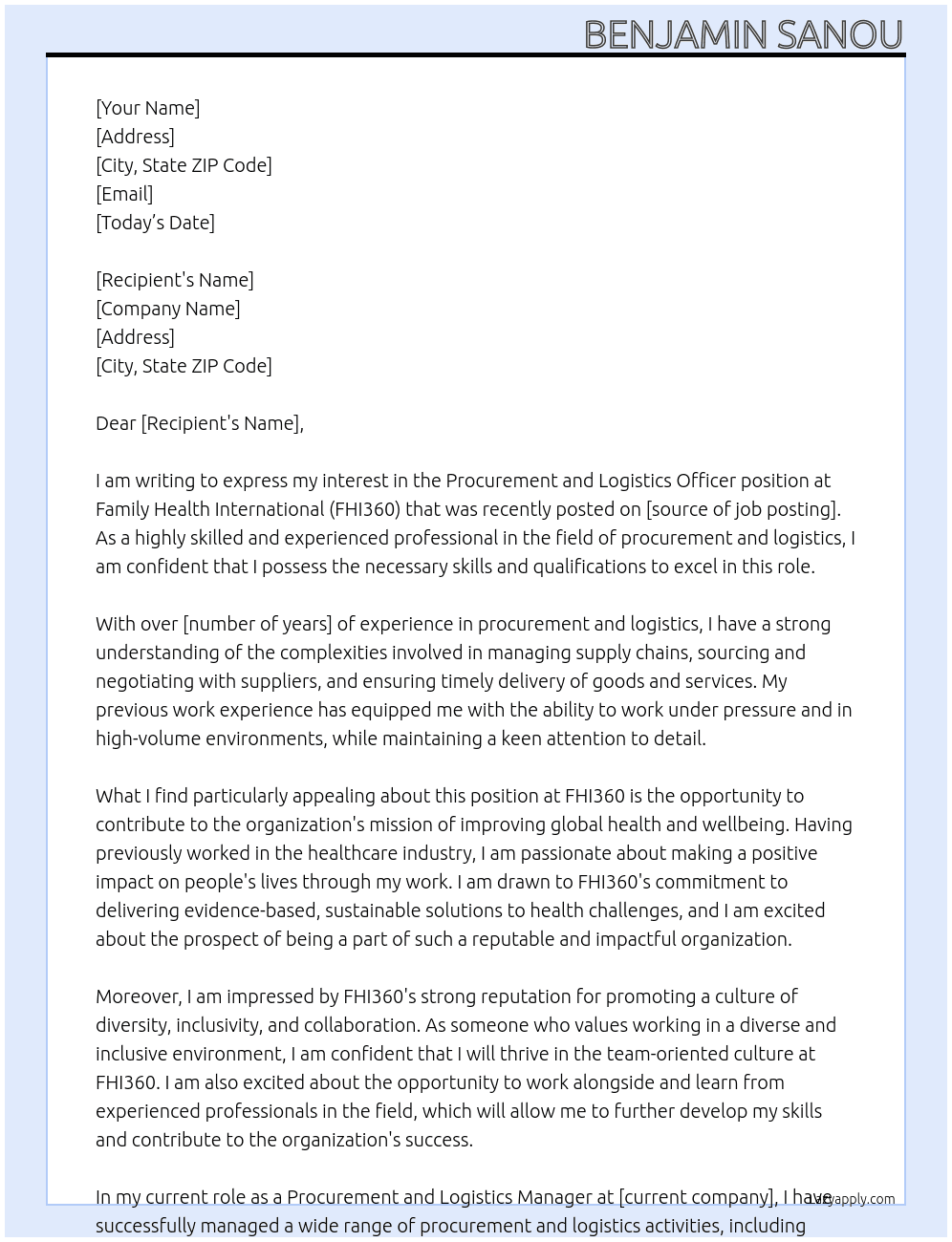 Procurement and Logistics Officer At Family Health International (FHI360) Cover Letter