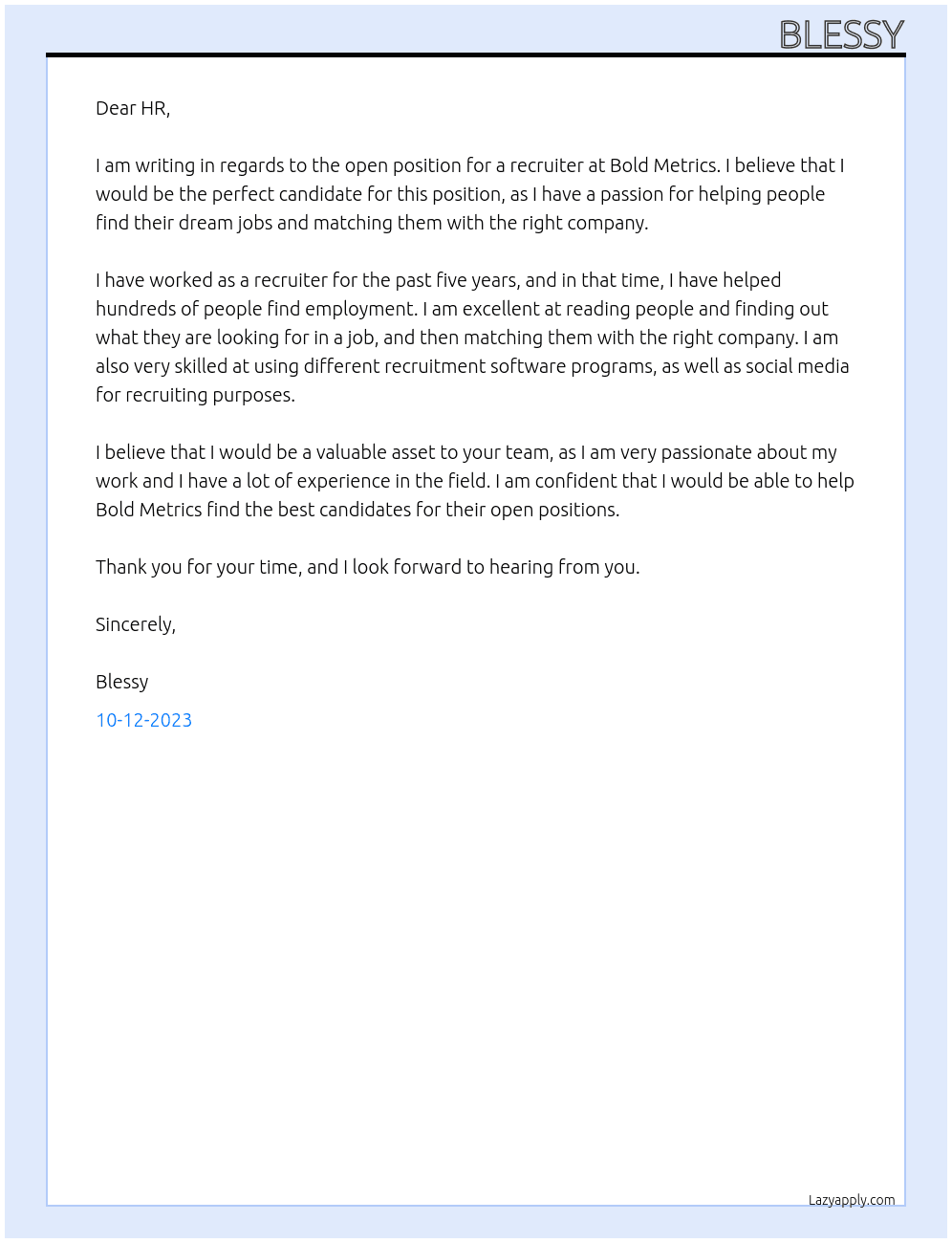 Recruiter At Bold Metrics Cover Letter