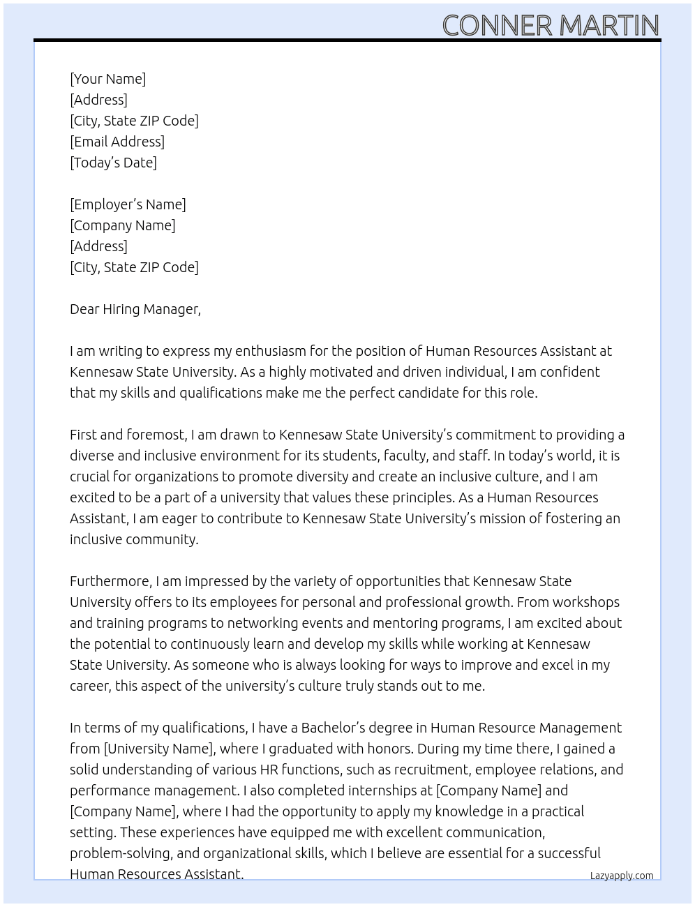 Human Resources Assistant At Kennesaw State University Cover Letter