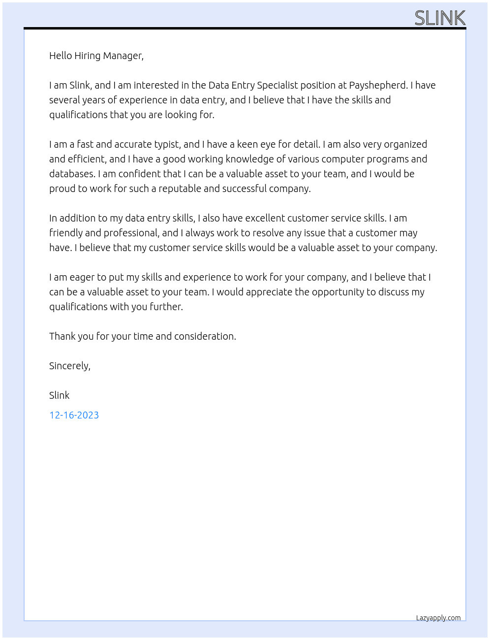Data Entry Specialist At Payshepherd Cover Letter