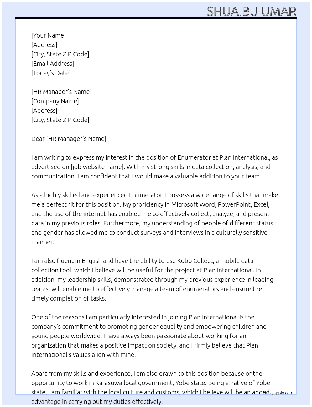 Enumerator  At Plan international  Cover Letter