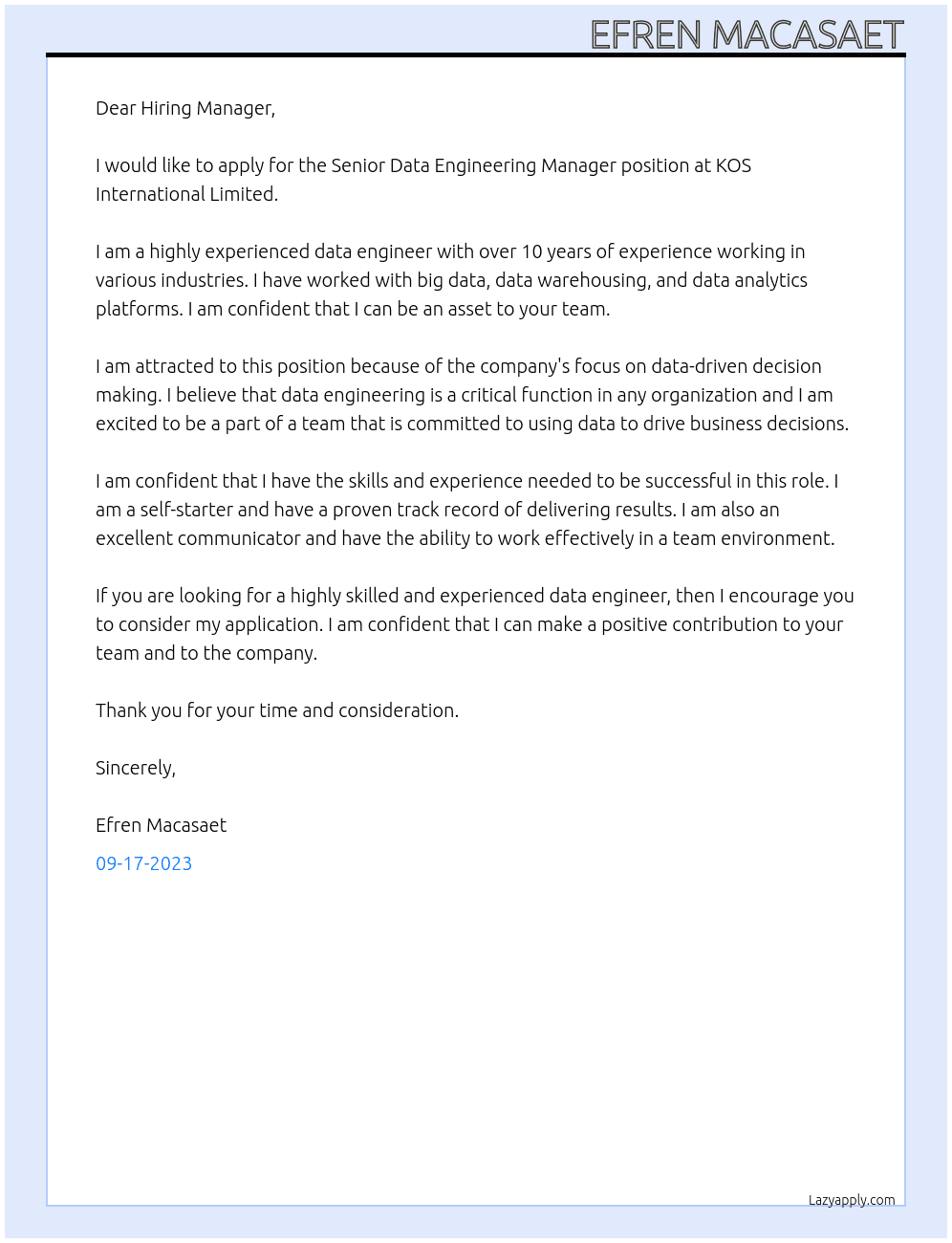 Senior Data Engineering Manager At KOS International Limited Cover Letter