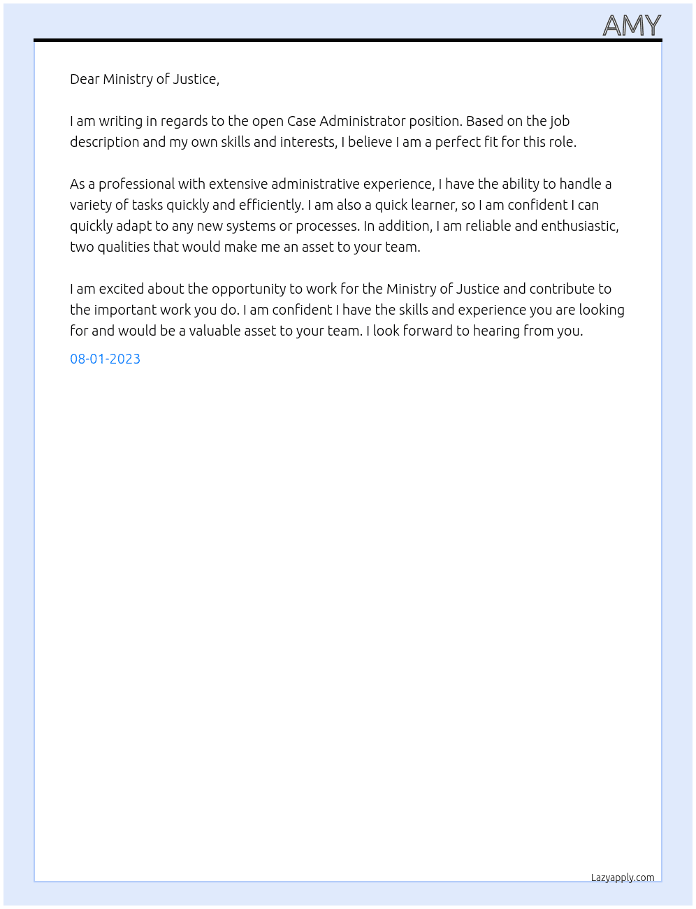 Case Administrator  At Ministry of Justice Cover Letter